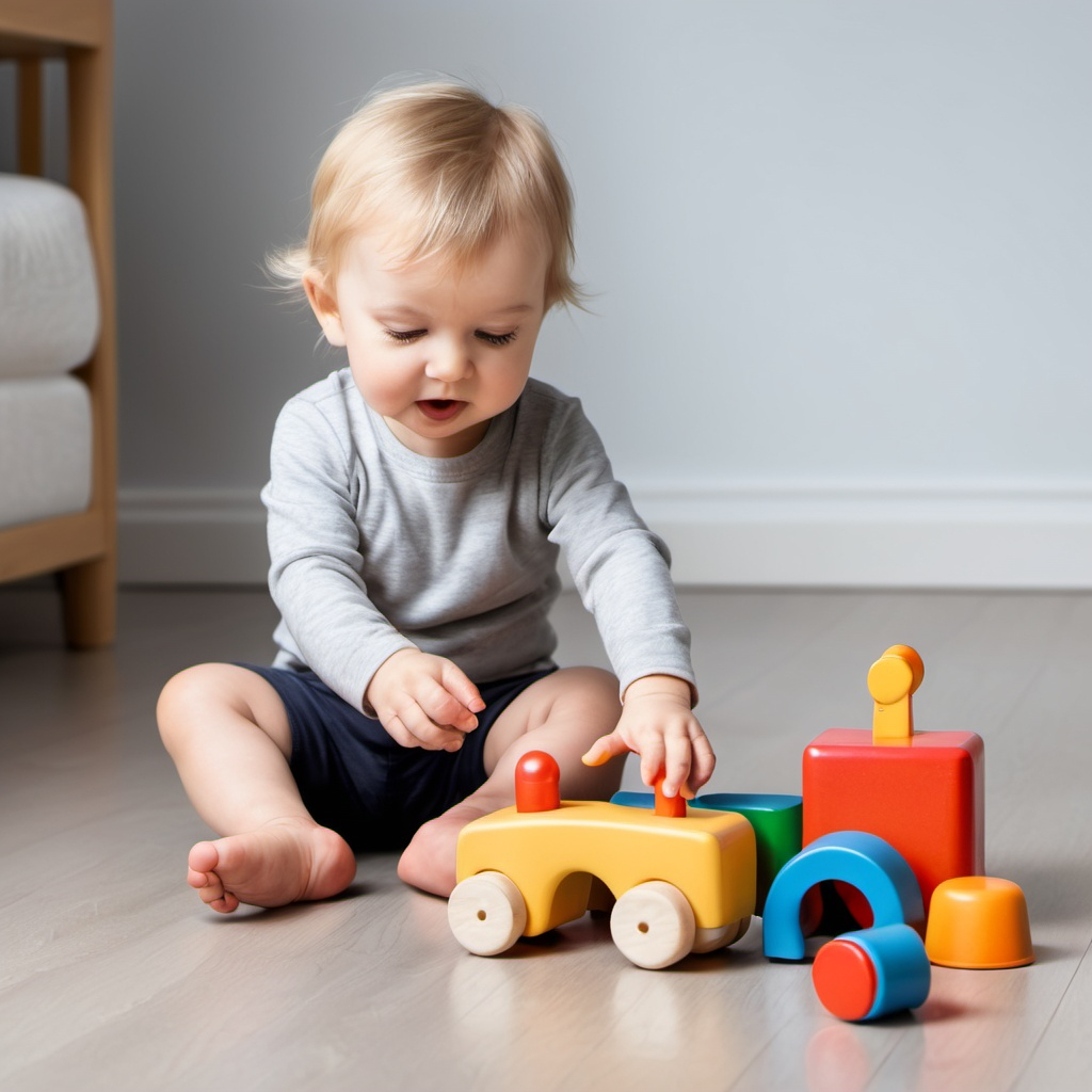 body baby sitting playing with wooden montessori toys