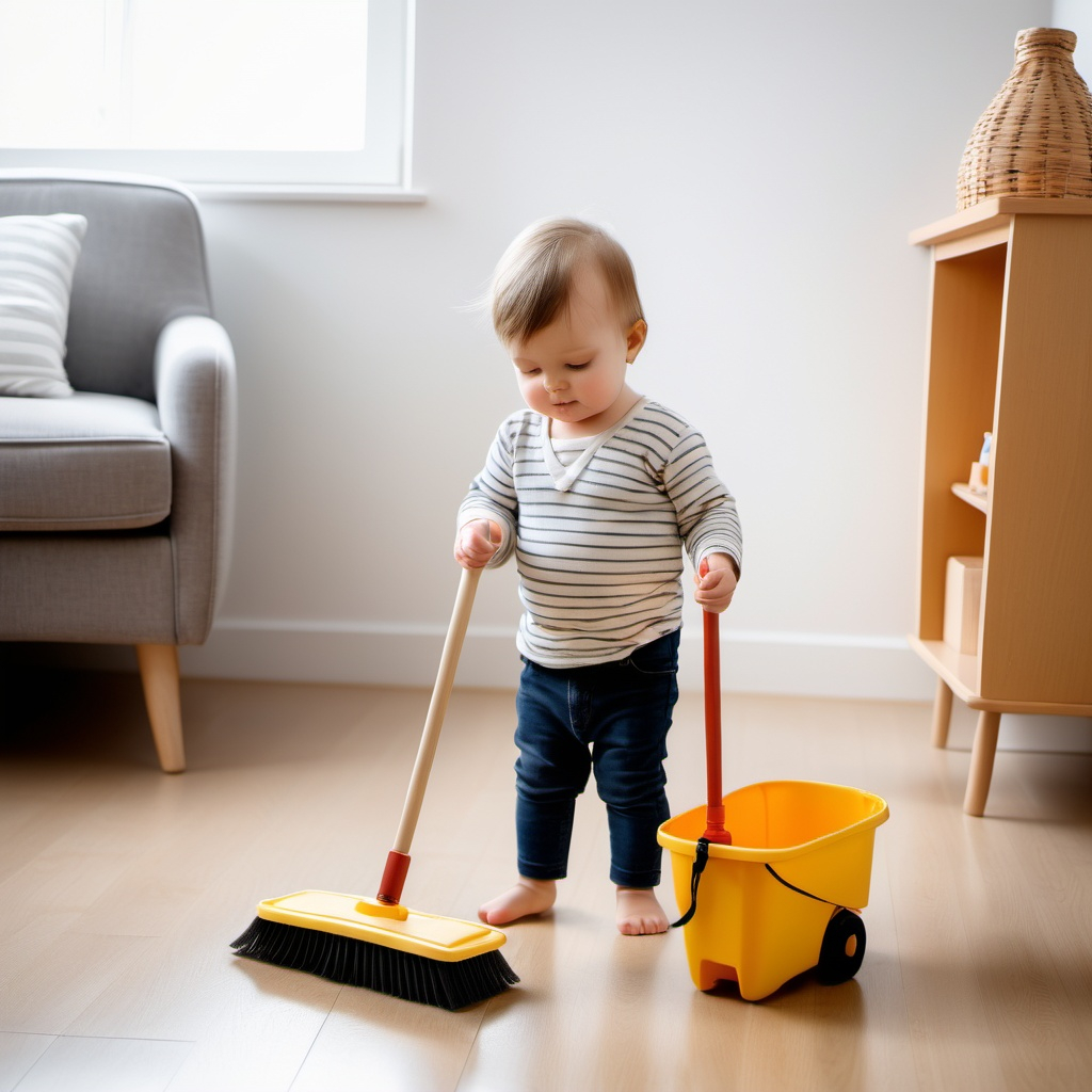 baby with broom and mop bucket cleaning hard wood floor