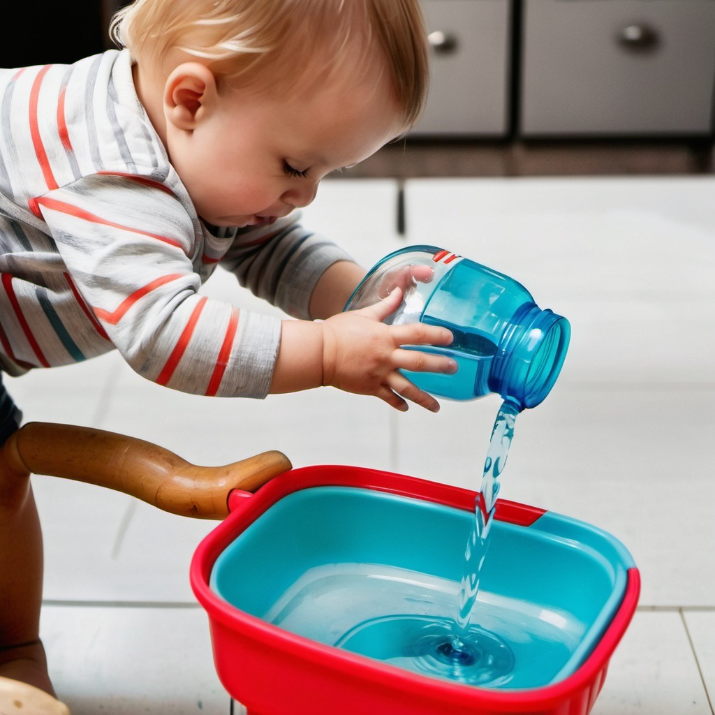 toddler pouring water into bucket