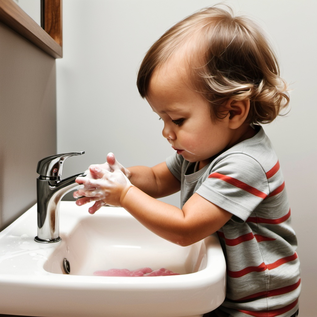 toddler washing hands in sink