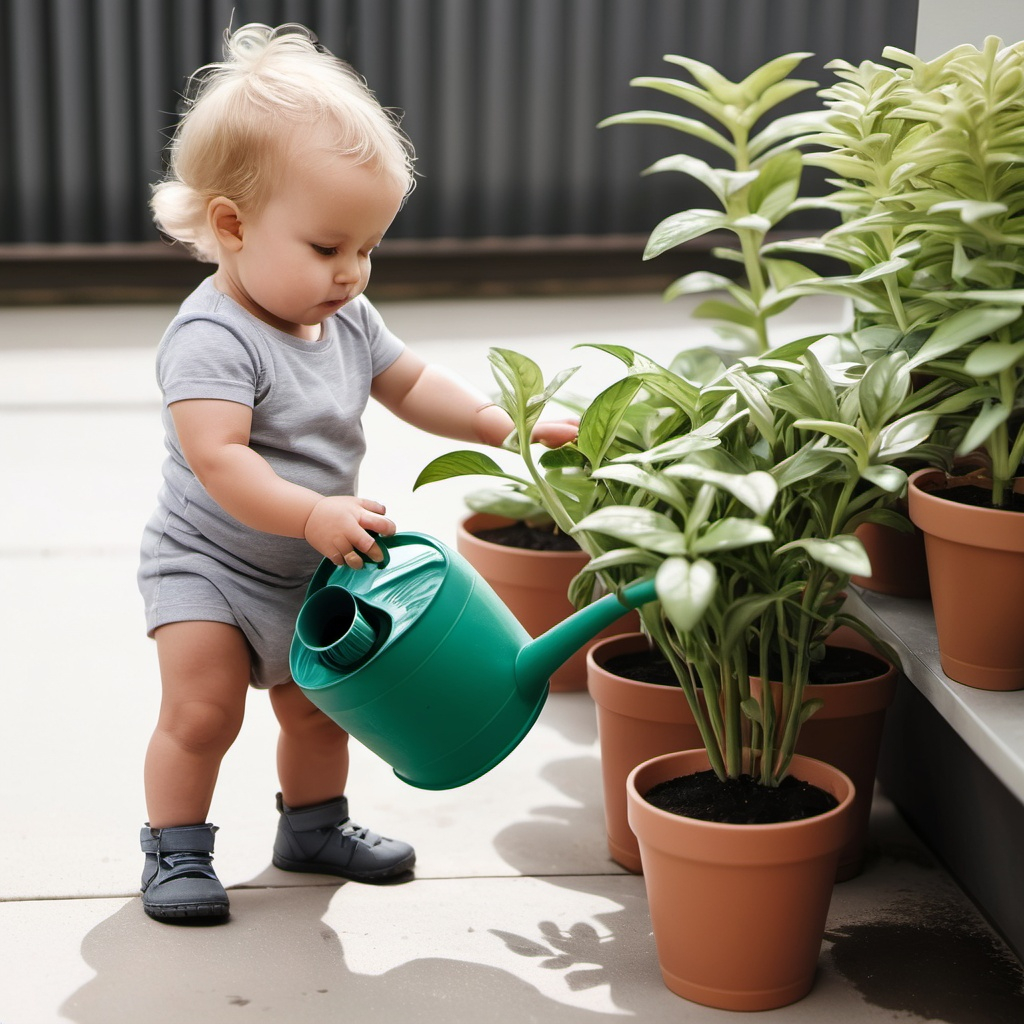 toddler watering plant